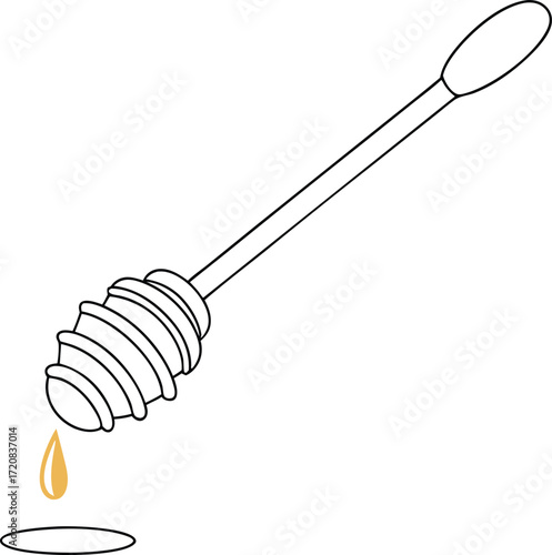 Abstract honey dipper icon with minimal lines and small honey splash.