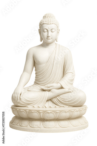 White marble statue of lord buddha seated on lotus in meditation pose symbolizing buddhist spirituality peace enlightenment mindfulness calmness compassion wisdom harmony and inner balance