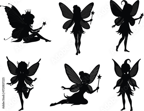 Fairy silhouette collection with wings and magic wand, fantasy pixie characters, enchanted forest fairy tale design, mystical magical girl illustration