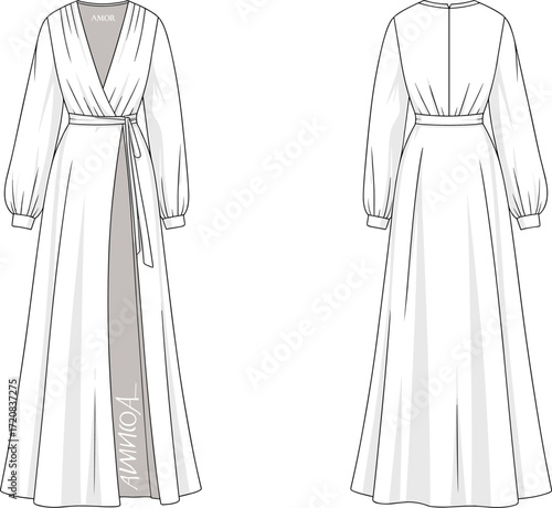 Elegant long sleeve wrap dress fashion flat sketch, maxi gown technical illustration with waist tie, v neck, front and back view