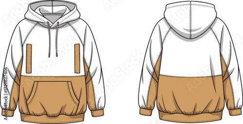 Fashionable hoodie vector illustration, front and back view, casual streetwear design, unisex sweatshirt with hood, drawstring, pocket, modern apparel