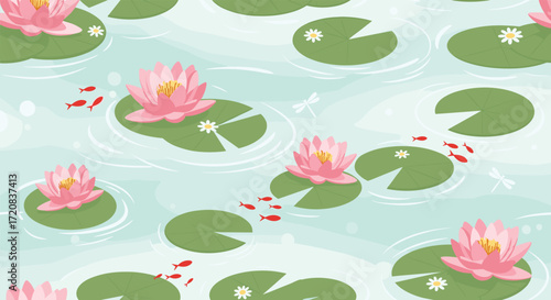 A tranquil pond scene with pink water lilies and schools of tiny red fish swimming peacefully among the lily pads.