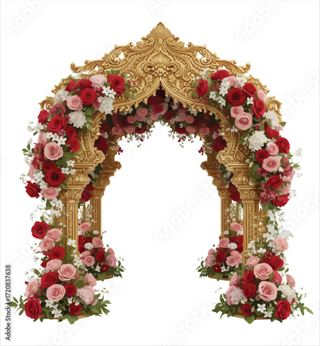Ornamental Golden Arch Adorned With Red Roses And Pink Roses For Wedding Backdrop