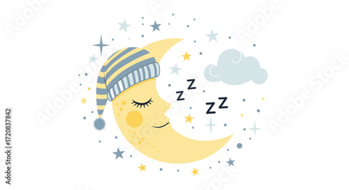 A cute sleeping moon wearing a striped cap with stars and clouds in the night sky.