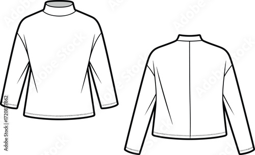 Long sleeve mock neck top fashion flat sketch, vector apparel template, unisex clothing design, stylish minimalist garment front back view illustration