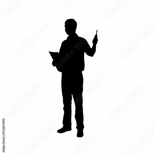 Silhouette of a technician explaining system architecture with gestures on a white background silhouette