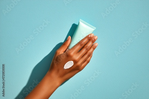 Ocean friendly sunscreen on a hand with creamy texture displayed against a pastel blue background for skincare enthusiasts