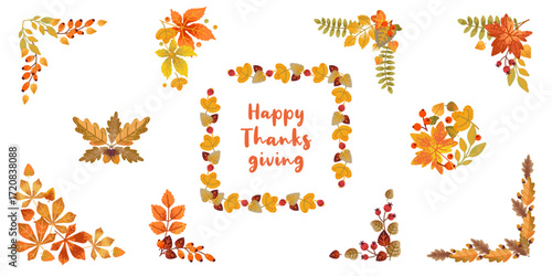 Autumn frames, corners, borders with leaves, branches, berries, and acorns. Autumn floral elements. Cute fall decorations. Vector illustration