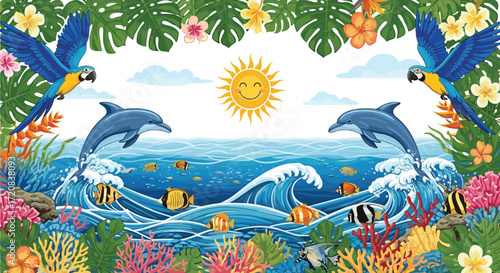 Vibrant tropical ocean scene with leaping dolphins colorful fish and exotic parrots surrounding sunny waters.