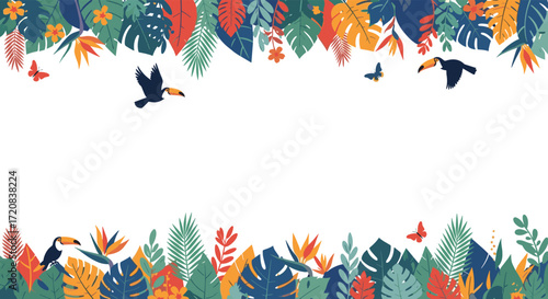 A vibrant jungle scene with toucans flying amidst lush tropical foliage.