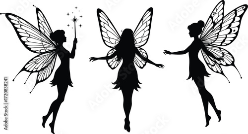 Magical fairy silhouette collection with butterfly wings, fantasy artwork, enchanted illustration, whimsical design, mystical creature figure, elegant black vector art