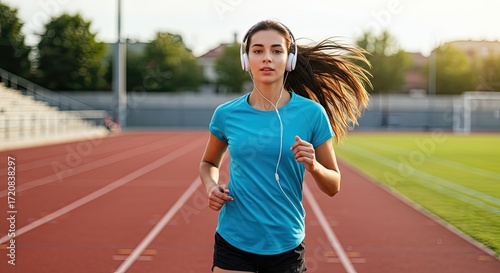 woman running on track with headphones on