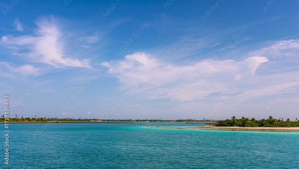Fototapeta premium A tranquil vista of azure water meeting a tropical shoreline, highlighted by fluffy white clouds against a vibrant blue sky.