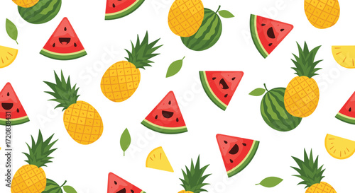A vibrant and refreshing summer fruit pattern featuring pineapples and watermelons.
