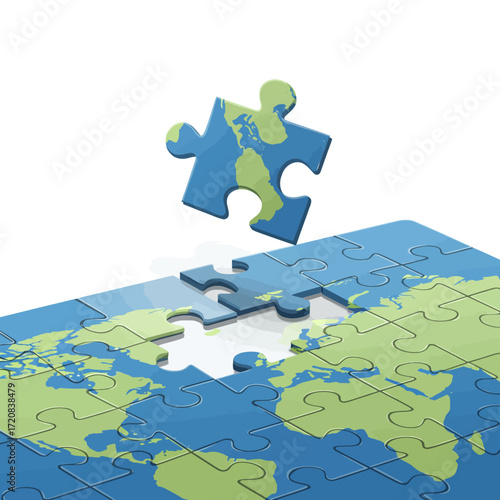 A jigsaw puzzle depicting the world map, with a single piece floating above the incomplete puzzle.