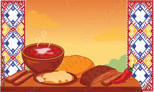 Traditional Ukrainian cuisine: borscht with sour cream, varenyky, salo, fresh bread and meat on a rustic wooden table with Ukrainian embroidery patterns on the sides. Vector illustration.