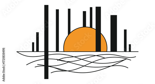 A vibrant orange sun emerges from behind abstract vertical lines creating a striking silhouette.