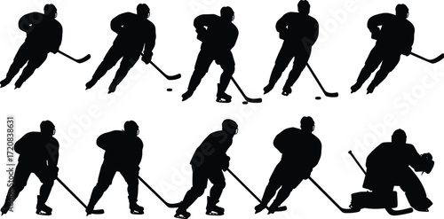 Set of ice hockey player silhouettes, skating athletes in action poses, goalie with stick, puck sports clipart vector design black icons