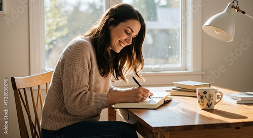 woman sitting at desk writing in journal