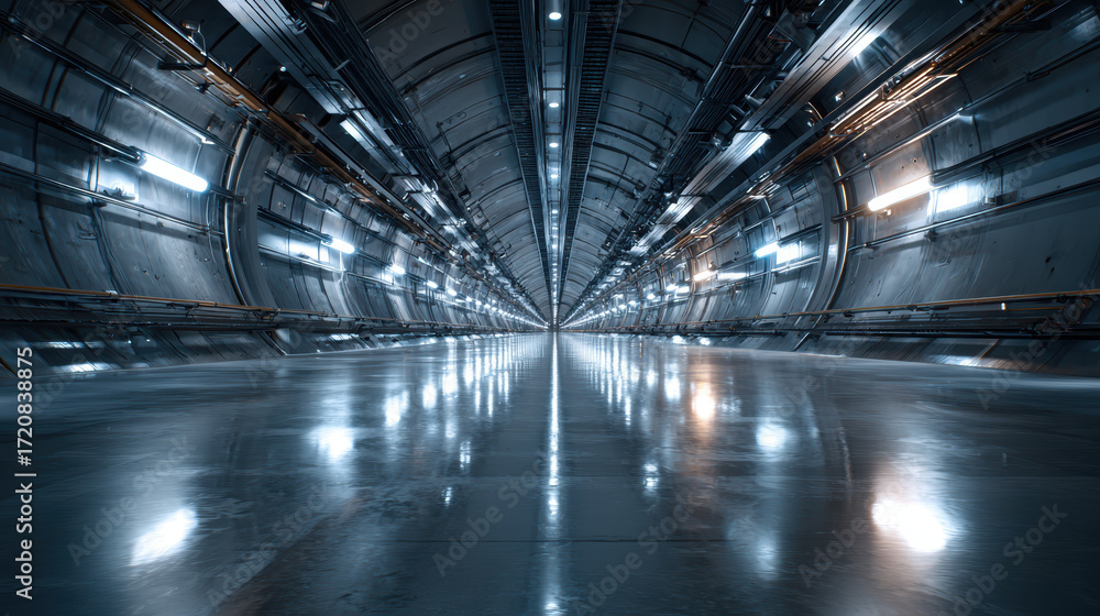 Fototapeta premium Futuristic tunnel particle accelerator science technology metallic symmetry reflection