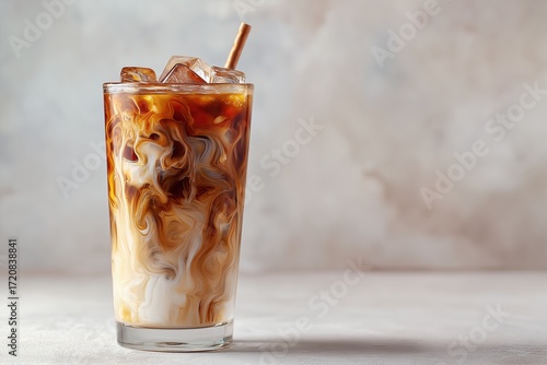Richly swirled iced coffee with ice cubes and milk creating a creamy texture on a sunny afternoon