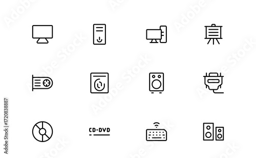 Modern Computer Line Icon Collection Featuring Minimalist Technology Graphics, Unique Vector Symbols, Professional Style Icons for Software and Hardware Themes, Clean Design