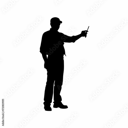 Silhouette of technician giving instructions while pointing to router silhouette