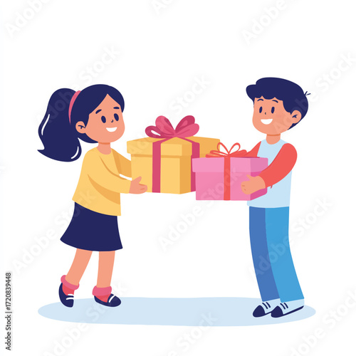 Children happily exchanging gift boxes on a special occasion