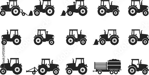 Tractor silhouettes collection, farming vehicles icons, agricultural machinery vector, rural transport illustration, farm equipment tools, plowing tractor design, countryside work machines