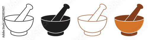Ayurvedic medicine bowl set on white background. Mortar and pestle sign. Herbal medicine concept. Vector illustration .