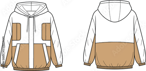 Trendy hoodie vector template, front and back view, casual unisex fashion design, modern sweatshirt with hood, pockets, stylish streetwear apparel
