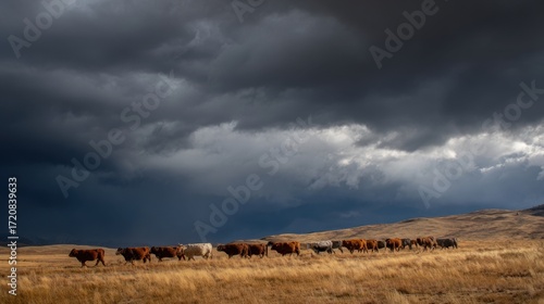 Wallpaper Mural Cattle graze and move together across a golden grassy field as dark clouds loom above. The atmosphere is tense with an impending storm, highlighting natures power. Torontodigital.ca