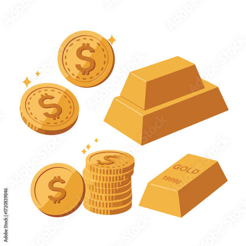 Vector Illustration of Gold Coins and Bar in Modern Minimalist Style with Bright Gold Color Palette for Financial and Investment Design