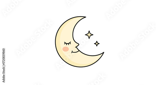 A charming crescent moon with closed eyes and rosy cheeks glows softly among twinkling stars in the night sky.
