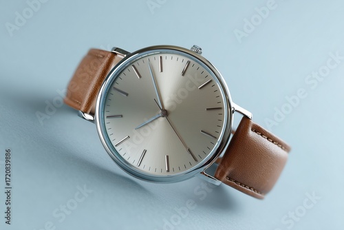 Wallpaper Mural Elegant silver wristwatch with leather strap reflecting soft pastel gray tones in a minimalistic setting Torontodigital.ca