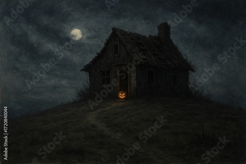 A captivating night scene unfolds, where a spooky haunted house on a hill, its silhouette dramatically framed by a full moon and a carved pumpkin casting an eerie glow. 