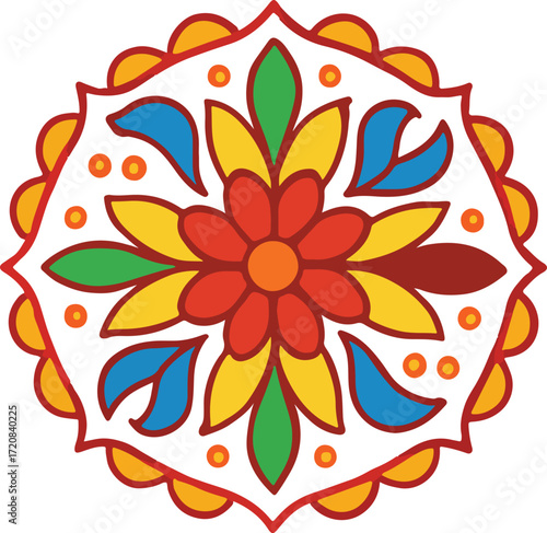 Colorful Floral Mandala Pattern With Circular Symmetry And Bold Red Yellow Green Petals