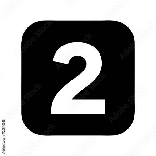 A bold white numeral two presented on a solid black square with softly rounded corners.