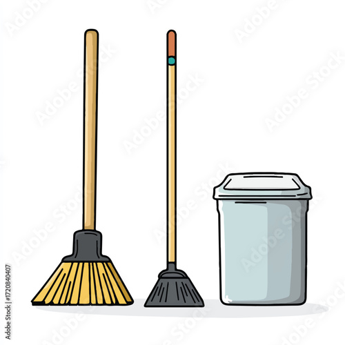 Cleaning Supplies Brooms and Trash Can Illustration