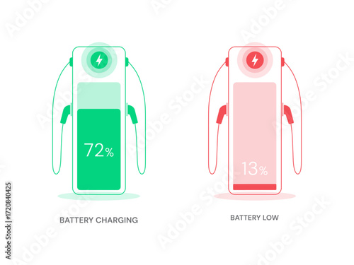 Electric Vehicle battery charging Dashboard Clean UI with Minimalist charging station Battery Charging, Low symbols vector design concept. electric car charging for EV station, ui, infographic, web.