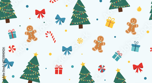 A cheerful holiday pattern featuring decorated christmas trees gingerbread cookies festive bows and wrapped gift boxes.