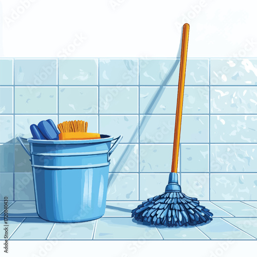 Cleaning supplies bucket and mop in bathroom.