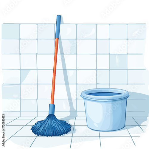 Cleaning tools a blue mop and a bucket ready for floor washing