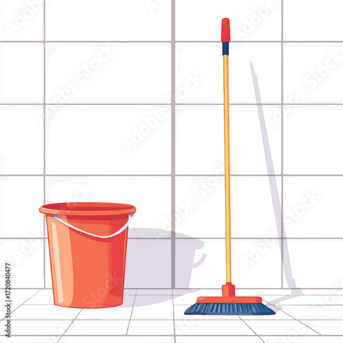 Cleaning tools bucket and broom ready for floor washing and hygiene