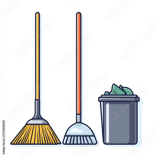 Cleaning tools including brooms and a dustpan with trash