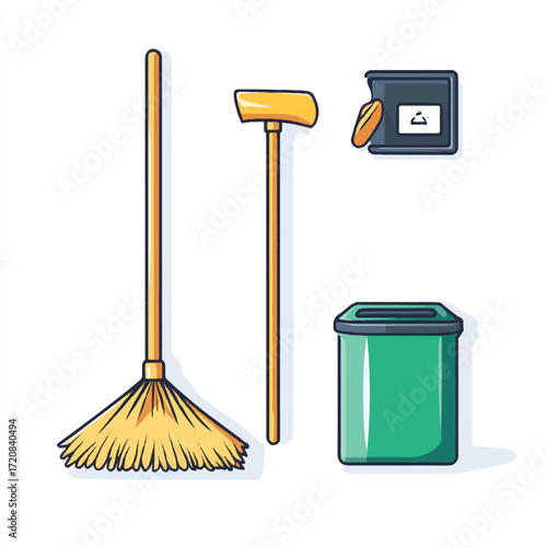 Cleaning tools including a broom dustpan and trash can