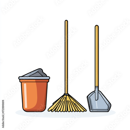  Cleaning tools set with broom dustpan and trash can