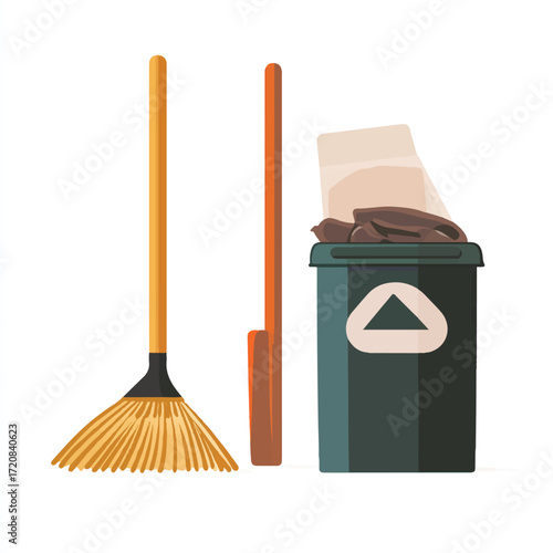 Cleaning tools with broom dustpan and trash can