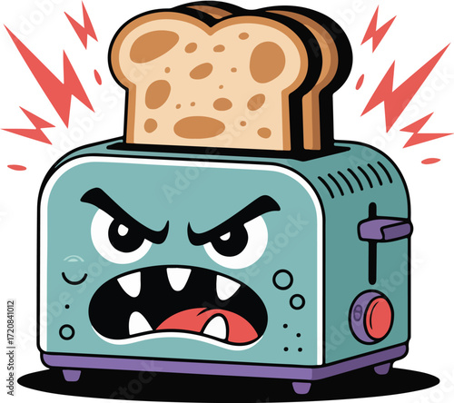 An angry cartoon toaster with bread, showing a humorous illustration.
