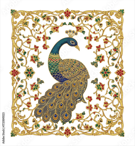 Ornate Peacock Illustration With Golden Floral Frame Vintage Style Decoration And Intricate Detailing